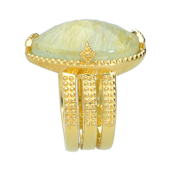 Rutilated Quartz Doublet Large Gemstone Statement Ring Sterling Silver Gold Plated for Ladies