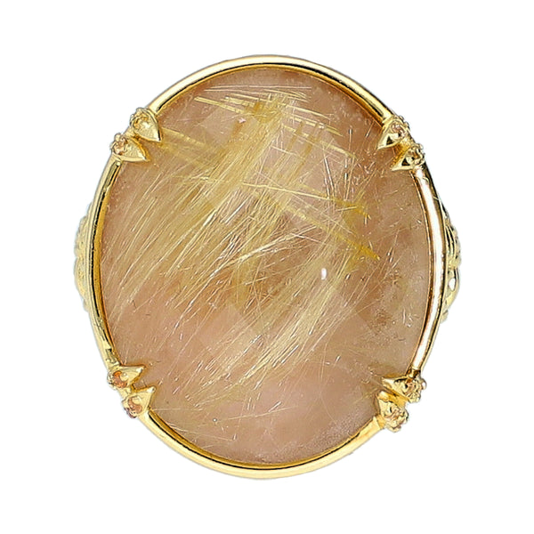 Golden Rutilated Quartz Doublet Caramel Moonstone with Champagne Zircon Sterling Silver Gold Plated Large Gemstone Cocktail Ring for ladies