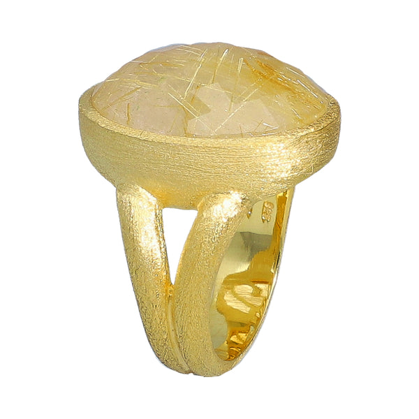 Rutilated Quartz Large Gemstone Statement Cocktail Ring Sterling Silver Gold Plated