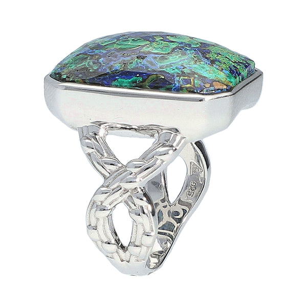 Malachite Azurite Large Gemstone Statement Cocktail Ring Sterling Silver Rhodium for Women