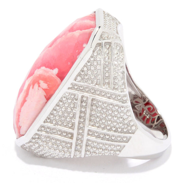 Rhodochrosite Vintage Dinner Ring Sterling Silver Rhodium for Women