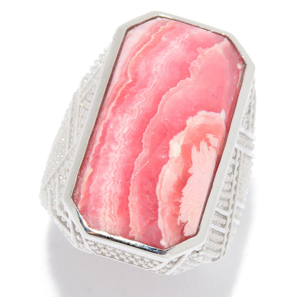 Rhodochrosite Sterling Silver Rhodium Vintage Dinner Ring for Women, statement jewelry, gemstone ring for gift