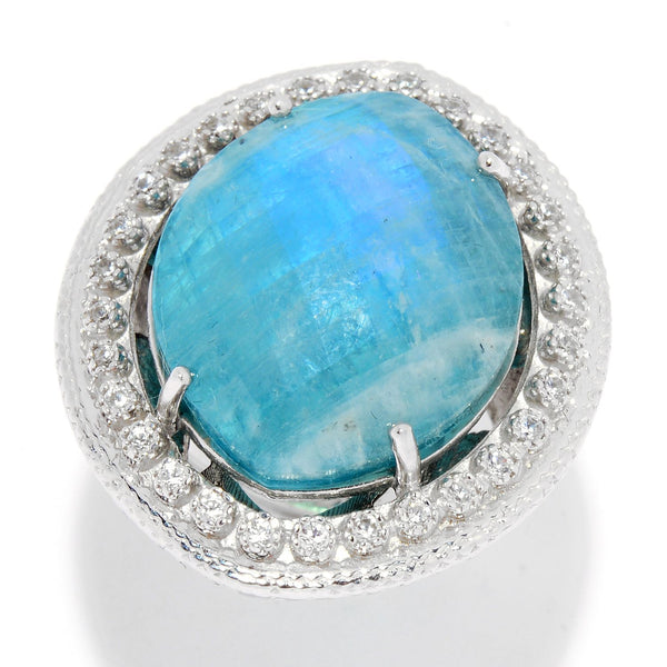 Rainbow Moonstone Doublet, Apatite, Natural Zircon Sterling Silver Rhodium Large Gemstone Statement Cocktail Ring, vintage style silver ring, christmas jewelry gift for mother