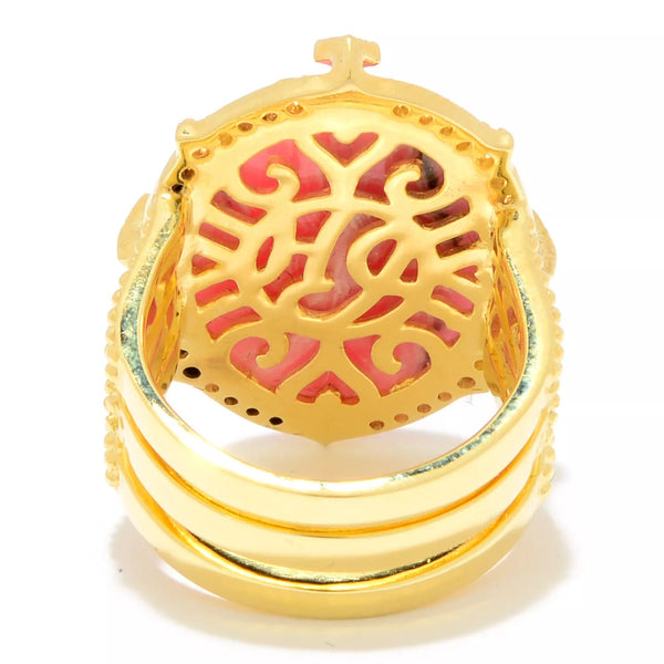 Rhodochrosite Large Gemstone Cocktail Ring Sterling Silver Gold Plated