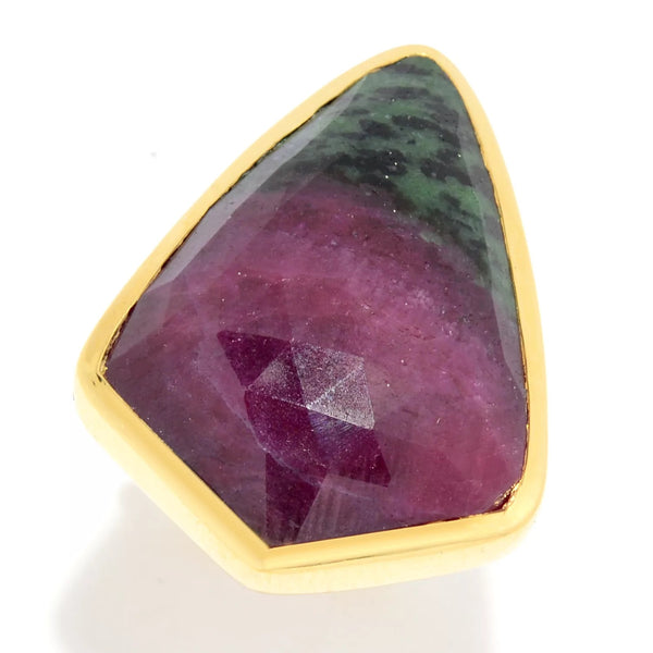 Ruby in Zoisite Sterling Silver Gold Plated Large Gemstone Statement Dinner Ring, jewelry gift on special occasion to wife, girlfriend