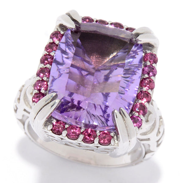 Pink Amethyst, Rhodolite Garnet, Sterling Silver Rhodium Large Gemstone Statement Cocktail Ring for women