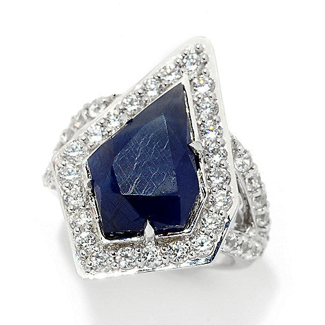 Blue Sapphire with Natural Zircon Sterling Silver Rhodium Statement Dinner Ring for Women, xmas jewelry present for wife, girlfriend, designer ring