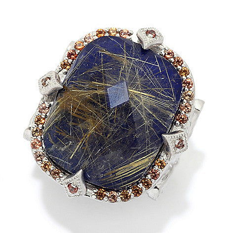 Golden Rutilated Quartz Doublet, Lapis, Champagne Zircon Sterling Silver Rhodium Large Statement Cocktail Ring for Women, vintage style designer ring, christmas jewelry gift for wife, costume ring jewelry