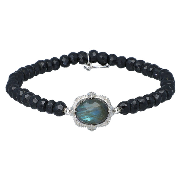 Labradorite and Black Onyx Gemstone Beaded Stretch Bracelet with Sterling Silver Charm