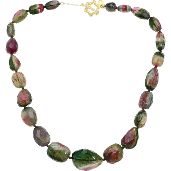 Multi Color Watermelon Tourmaline Beaded Necklace, 18 inch Sterling Silver 22k Gold Plated