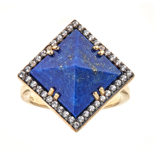 Lapis Lazuli with Natural Zircon Sterling Silver Gold Plated Black Rhodium Large Gemstone Statement Cocktail Ring for Ladies, jewelry gift for wife, girlfriend