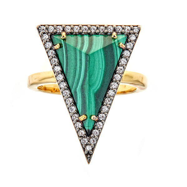 Malachite Natural Zircon Sterling Silver Gold Plated Black Rhodium Statement Dinner Ring for Women , christmas jewelry gift for girlfriend, wife, mother, fashion jewelry collection