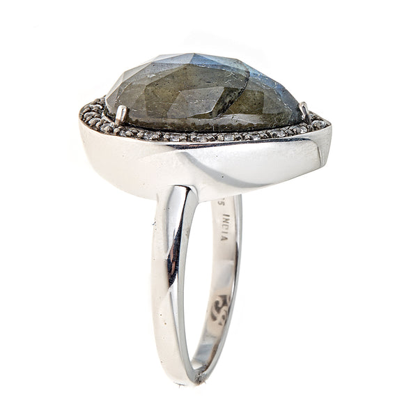 Labradorite Doublet Statement Cocktail Ring Sterling Silver Black Rhodium for Ladies