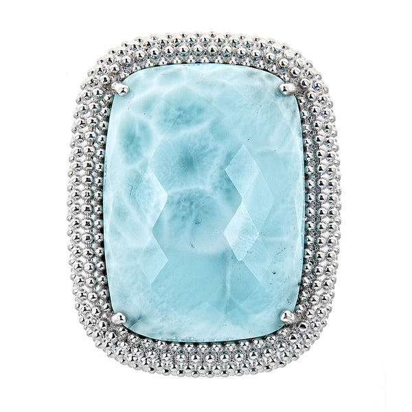 Larimar Sterling Silver Rhodium Large Gemstone Statement Cocktail Ring for Women, vintage style big gems ring, christmas jewelry gift for women