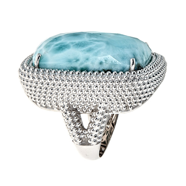 Larimar Large Gemstone Statement Cocktail Ring Sterling Silver Rhodium for Women