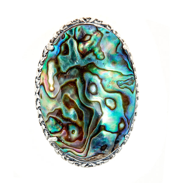 Abalone Onyx Doublet Sterling Silver Rhodium Large Gemstone Dinner Ring for Women
