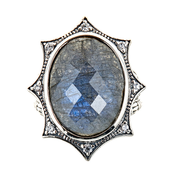 Labradorite Onyx Doublet Natural Zircon Sterling Silver Oxidized Large Gemstone Statement Cocktail Ring for Women, jewelry gift