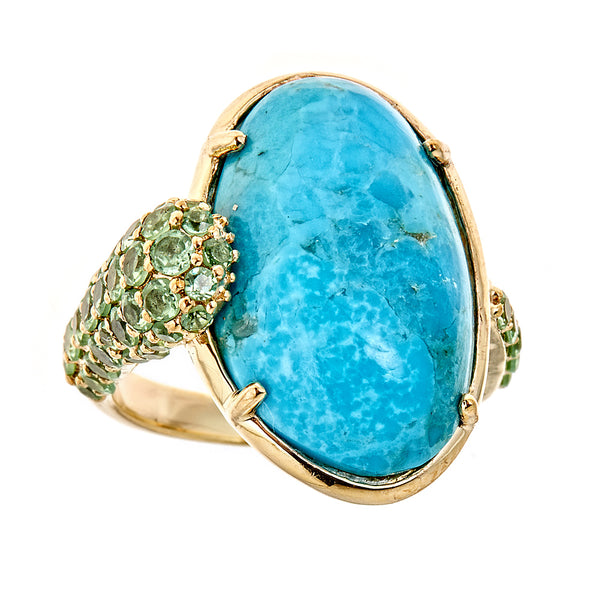 Kingman Arizona Turquoise with Tsavorite Garnet Sterling Silver Gold Plated Statement Dinner Ring for Women, large gemstone cocktail ring for women