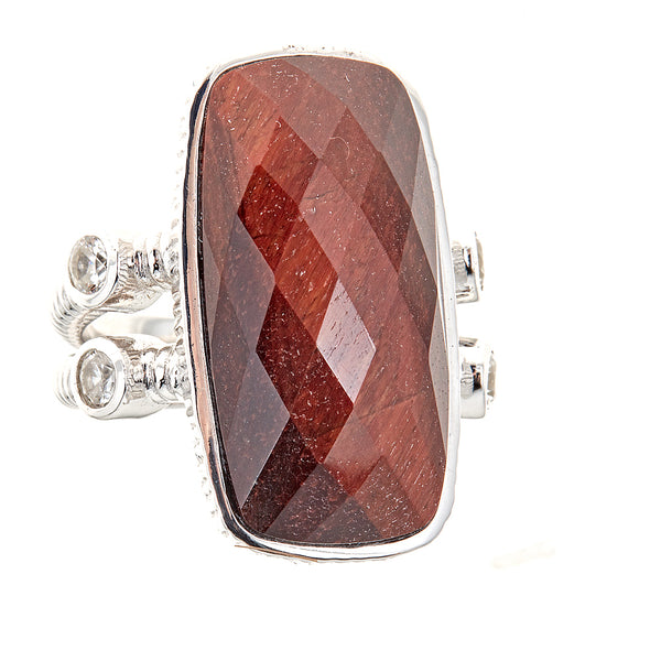 Red Tigers Eye Natural Zircon Sterling Silver Rhodium Large Gemstone Dinner Ring for Women, jewelry gift