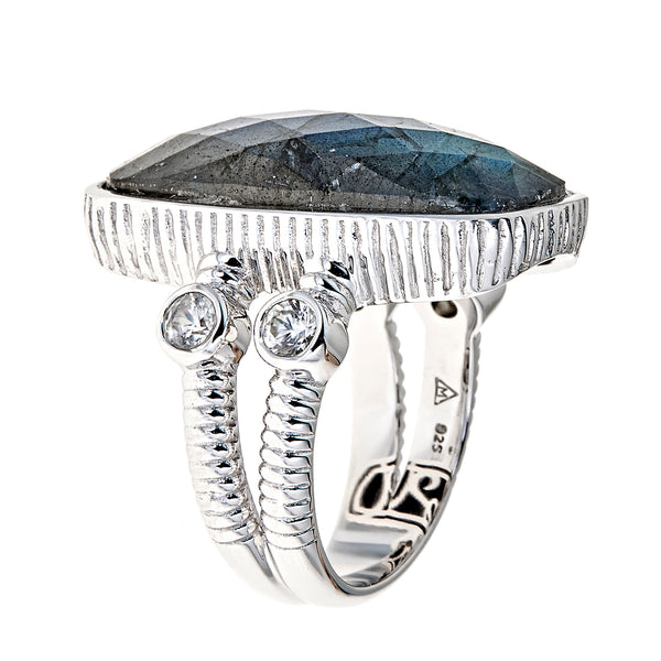 Labradorite Large Gemstone Dinner Ring Doublet Sterling Silver Rhodium for Women