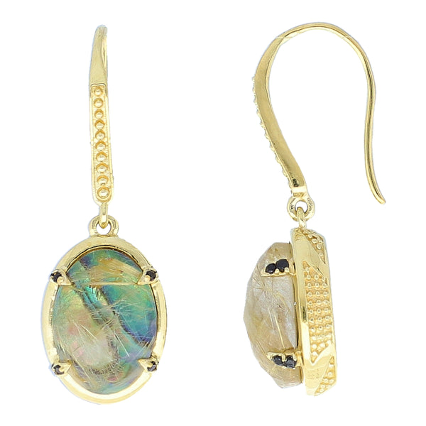 Golden Rutilated Quartz Doublet Black MOP with Black Spinel Sterling Silver Gold Plated Drop Earrings, christmas jewelry gift for girlfriend