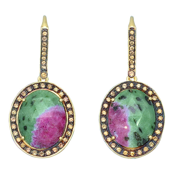 Ruby in Zoisite and Champagne Zircon Sterling Silver Gold Plated Earrings