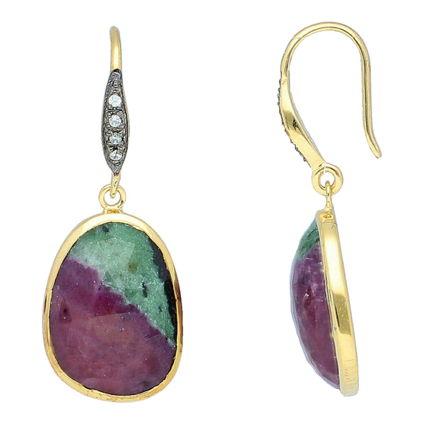 Ruby in Zoisite with Natural Zircon Sterling Silver Gold Plated Earrings
