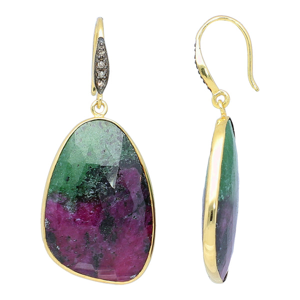 Ruby in Zoisite and Champagne Diamond Sterling Silver Gold Plated Earrings