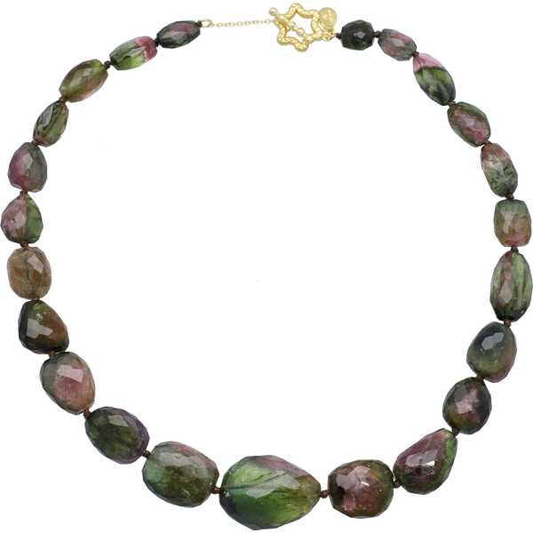 Multi Color Watermelon Tourmaline Beaded Necklace, 18 inch Sterling Silver 22k Gold Plated