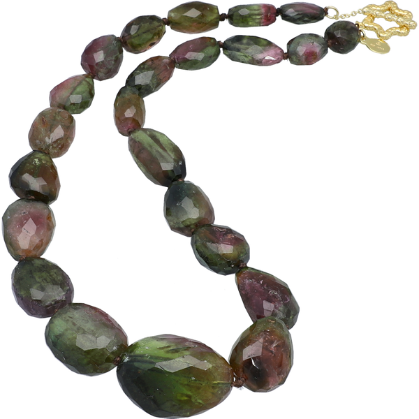 Multi Color Watermelon Tourmaline Beaded Necklace, 18 inch Sterling Silver 22k Gold Plated