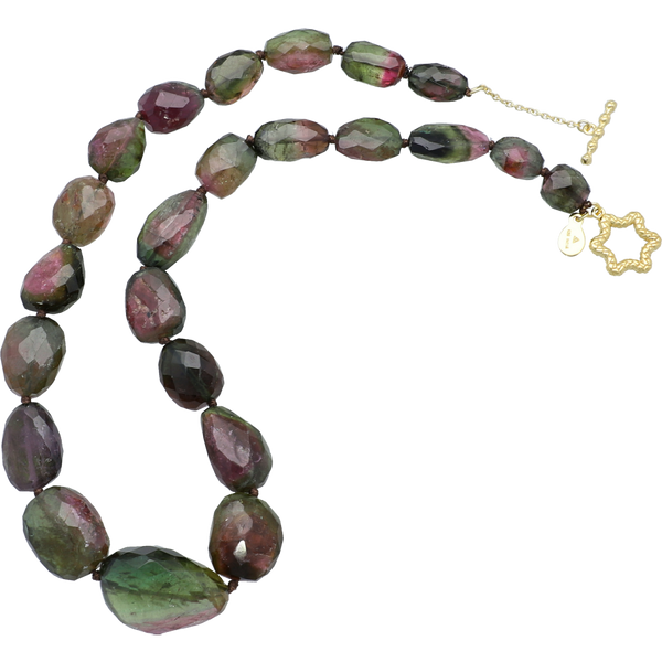 Multi Color Watermelon Tourmaline Beaded Necklace, 18 inch Sterling Silver 22k Gold Plated