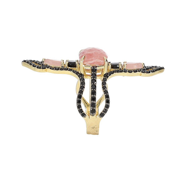 Rhodochrosite and Black Spinel Statement Dinner Ring Sterling Silver Gold Plated for Women