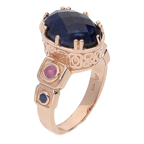 Blue Sapphire Statement Cocktail Ring Sterling Silver Rose Gold for Women