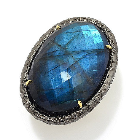 Labradorite Doublet with Black Onyx Sterling Silver Gold Plated and Black Rhodium Large Gemstone Dinner Ring, vintage style ring