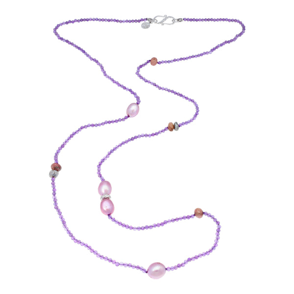 Gray Ruby in Zoisite Amethyst Lavender Pearl Mystic Coated Labradorite and Natural Zircon Sterling Silver Rhodium Extra Long Vintage Style Gemstone Beaded Necklace, christmas jewelry gift for girlfriend