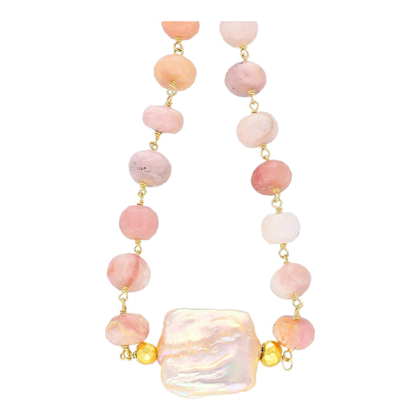 Pink Opal Pink with Pearl Pendant Extra Long Unique Beaded Necklace Sterling Silver Gold Plated