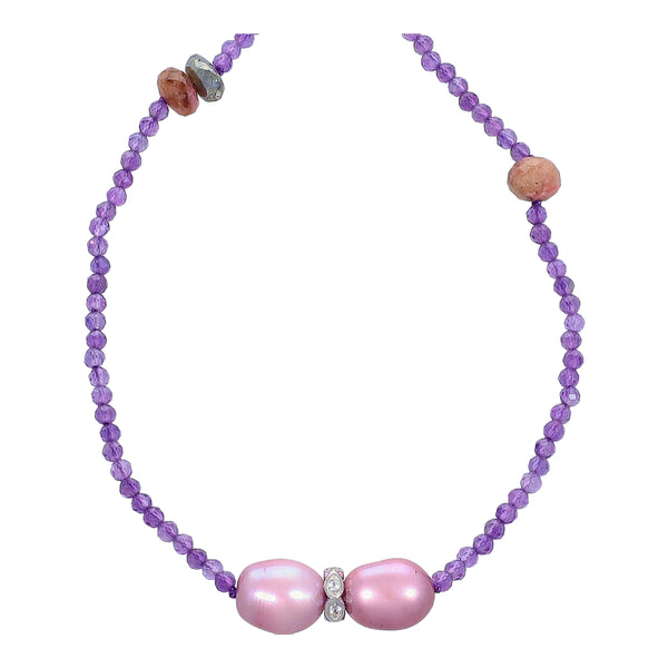 Amethyst and Lavender Pearl Extra Long Vintage Style Beaded Necklace Sterling Silver Rhodium