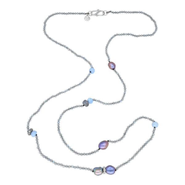 Blue Opal Labradorite Peacock Pearl Mystic Coated Labradorite and Natural Zircon Sterling Silver Rhodium Extra Long Gemstone Beaded Necklace, Christmas jewelry gift for girlfriend