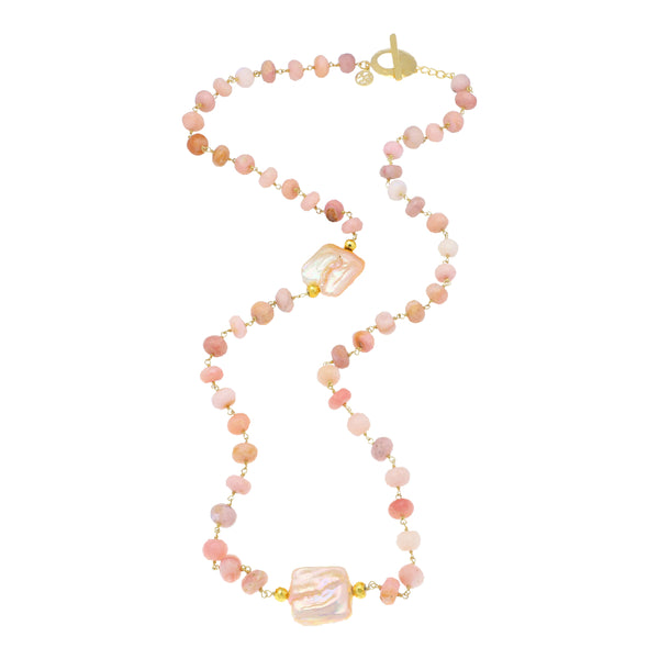 Pink Opal Pink with Pearl Pendant Extra Long Unique Beaded Necklace Sterling Silver Gold Plated, xmas present for girlfriend
