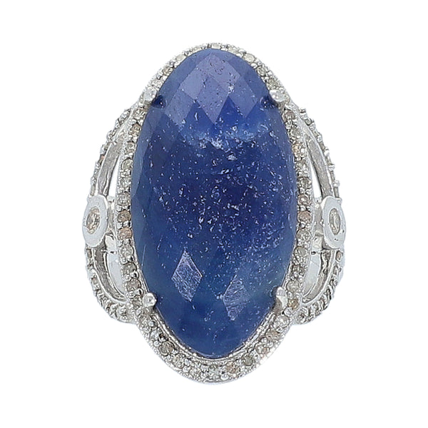 Blue Sapphire with Champagne Diamond Sterling Silver Rhodium Statement Dinner Ring for Women, jewelry gift, large gemstone
