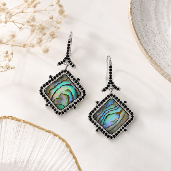 Abalone Doublet Gemstone Dangle Drop Earrings Sterling Silver Rhodium