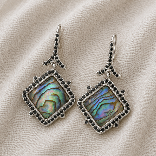 Abalone Doublet Gemstone Dangle Drop Earrings Sterling Silver Rhodium