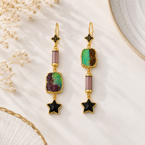 Multi Gemstone Unique Dangle Earrings Gold Plated Sterling Silver