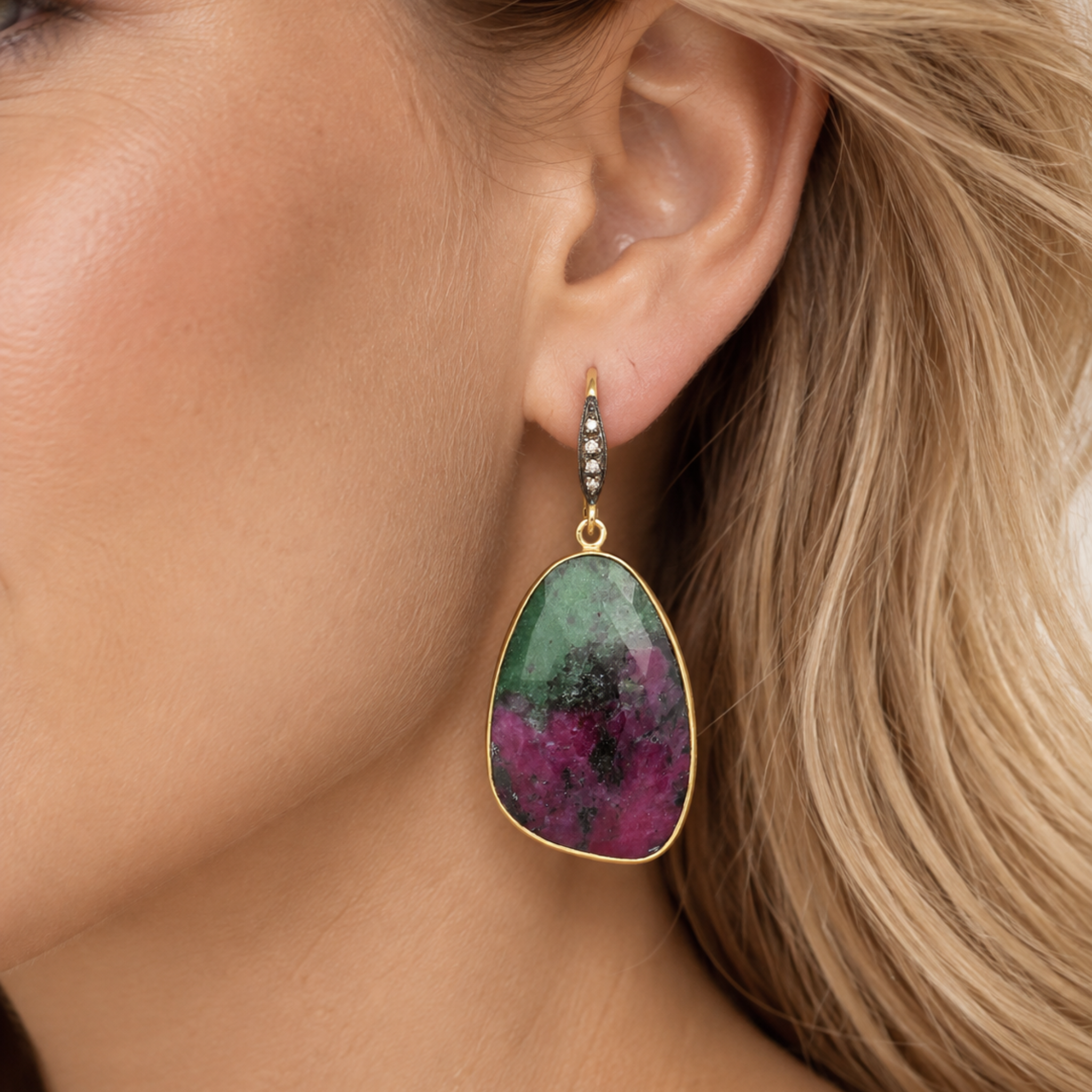 Ruby in Zoisite and Champagne Diamond Sterling Silver Gold Plated Earrings