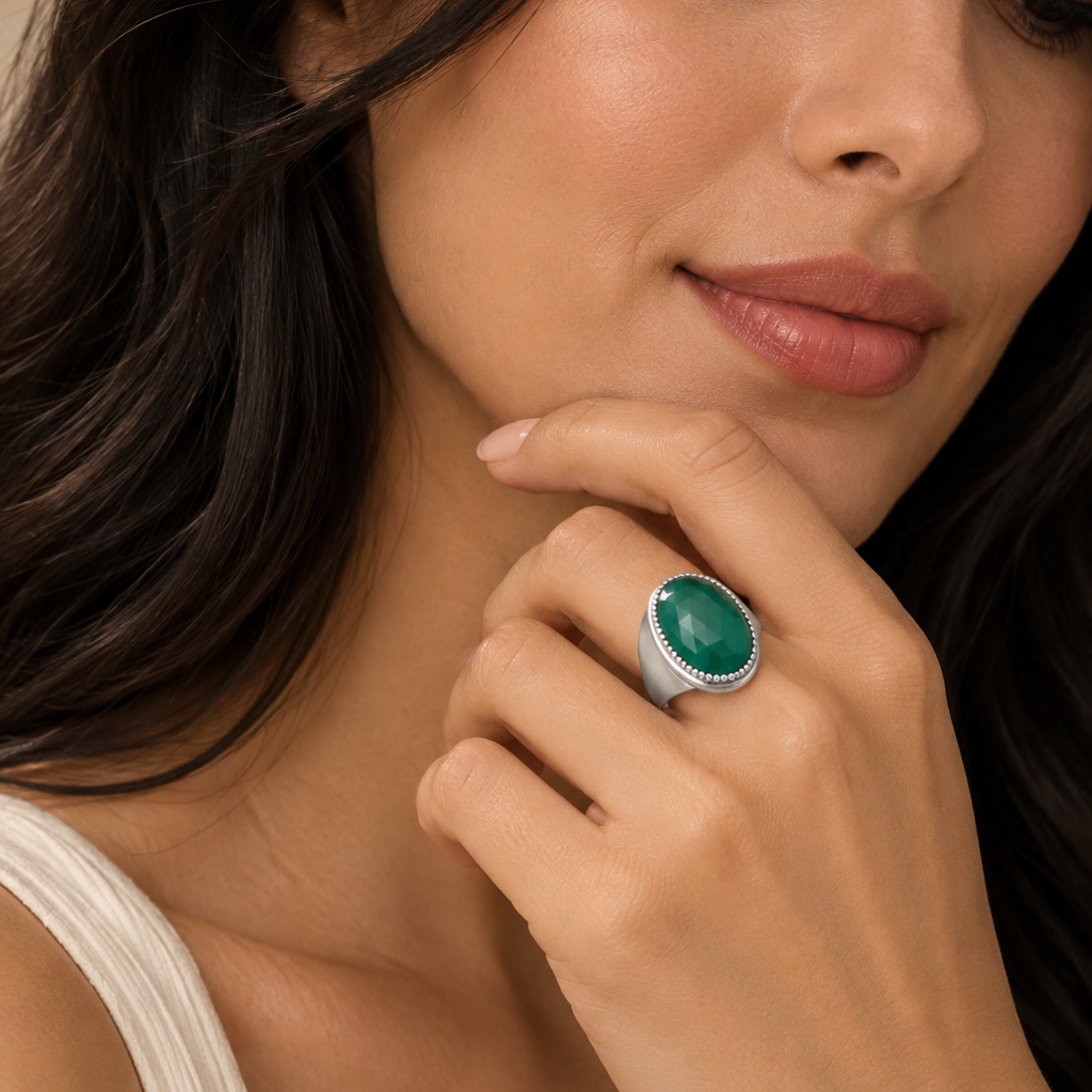 Green Chalcedony Large Gemstone Statement Cocktail Ring Sterling Silver Rhodium for Women