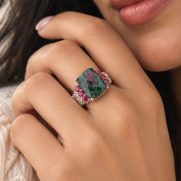 Ruby in Zoisite Statement Cocktail Ring Sterling Silver Rhodium for Women