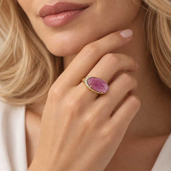 Ruby Large Gemstone Dinner Ring Sterling Silver Rose Rhodium for Women