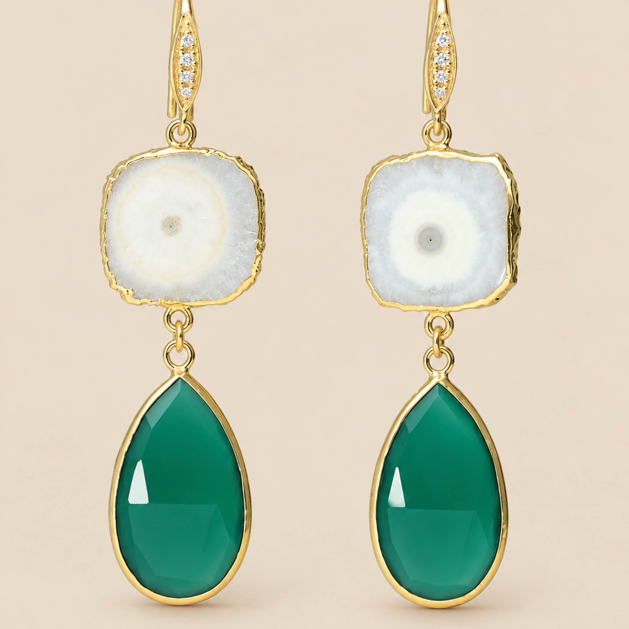 Solar Quartz and Green Onyx Double Drop Earrings Sterling Silver Gold Plated