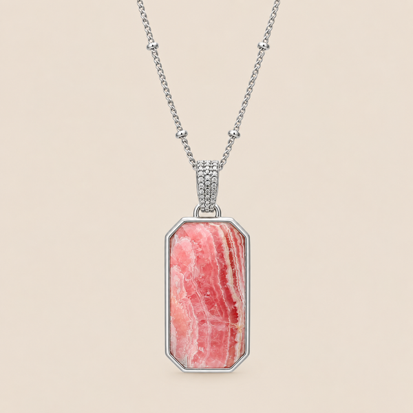 Rhodochrosite Gemstone Long Pendant Necklace 18 Inch Chain Sterling Silver Rhodium with 2 Inch Extender enhancer