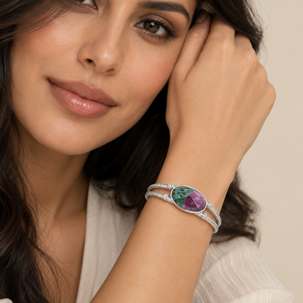 Ruby in Zoisite Sterling Silver Rhodium Gemstone Cuff Bangle Bracelet